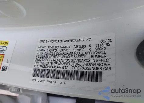 2020 Honda Accord Ex z USA, uszkodzony, nr VIN 1HGCV1F45LA073847